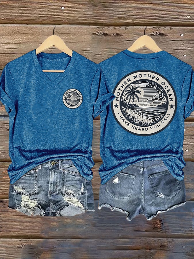 V Neck Retro Mother, Mother Ocean, I Have Heard You Call Print T-Shirt