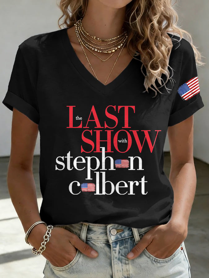 V-Neck Retro Last Show Print T-Shirt