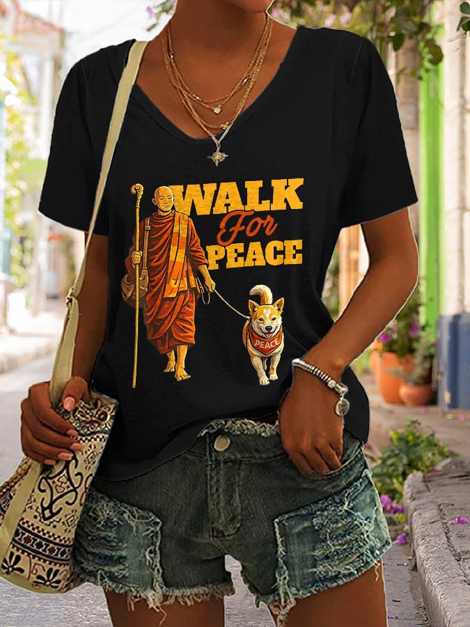 V-Neck Retro Walk For Peace Monks With Aloka Dog Print T-Shirt