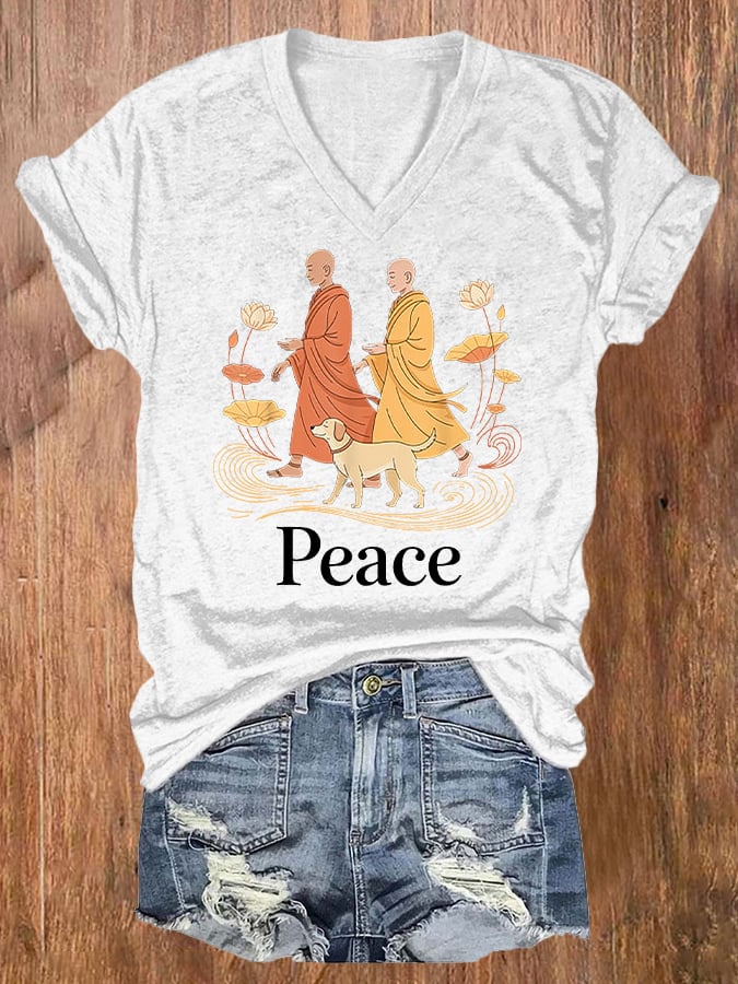V-Neck Retro Walk For Peace Monks With Aloka Dog Print T-Shirt