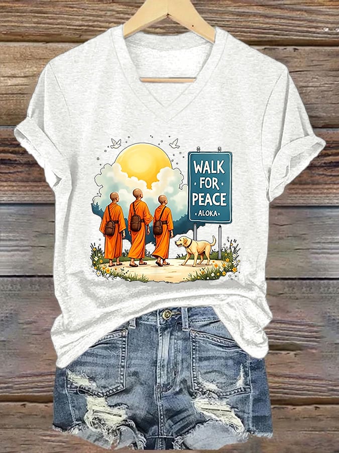 V-Neck Retro Walk For Peace Monks With Aloka Dog Print T-Shirt