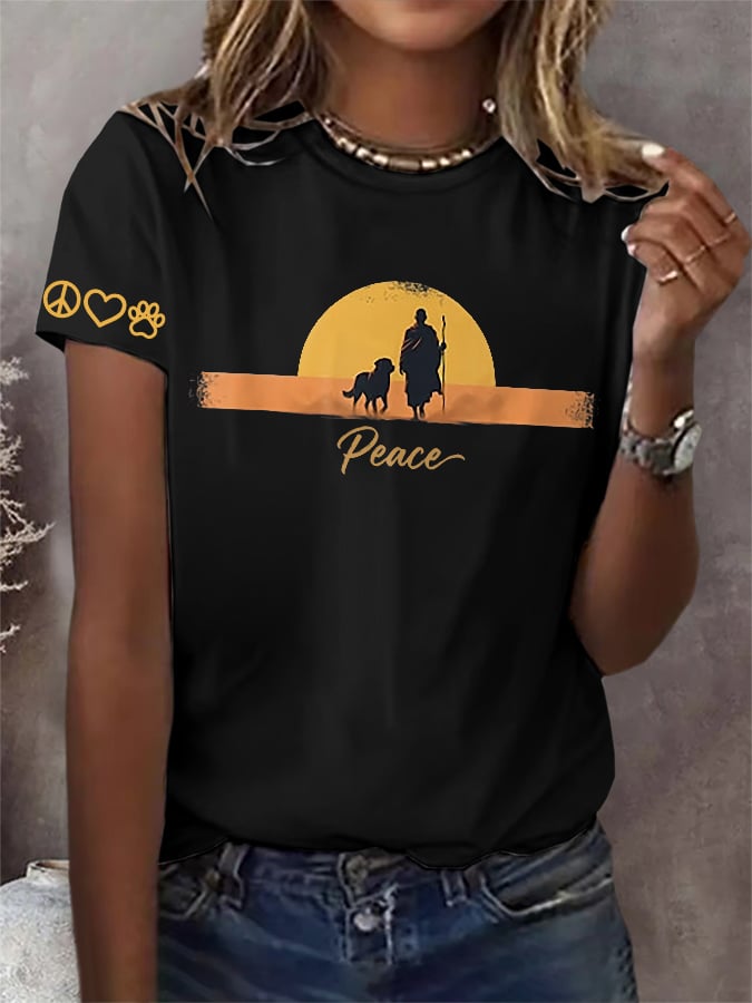 Retro Walk For Peace Monks With Aloka Dog Print T-Shirt