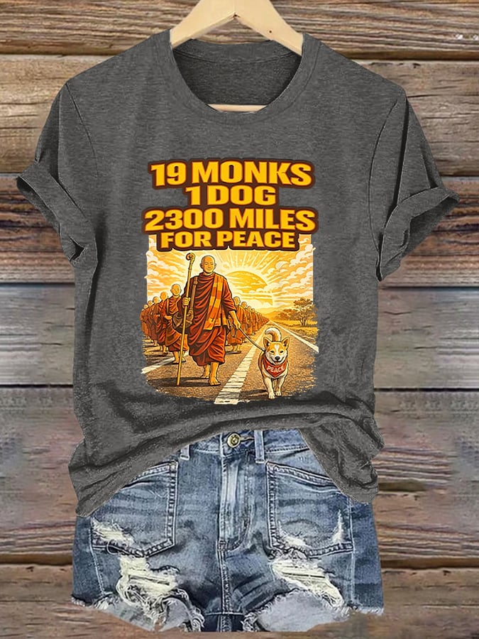 Retro Walk For Peace 19 Monks 1 Dog 2300 Miles For Peace Print T-Shirt