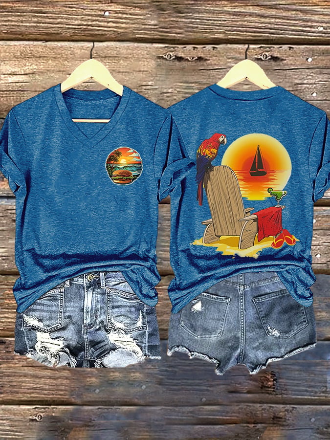 V Neck Retro Vacation Cheeseburger Paradise Parrot Margarita Print T-Shirt