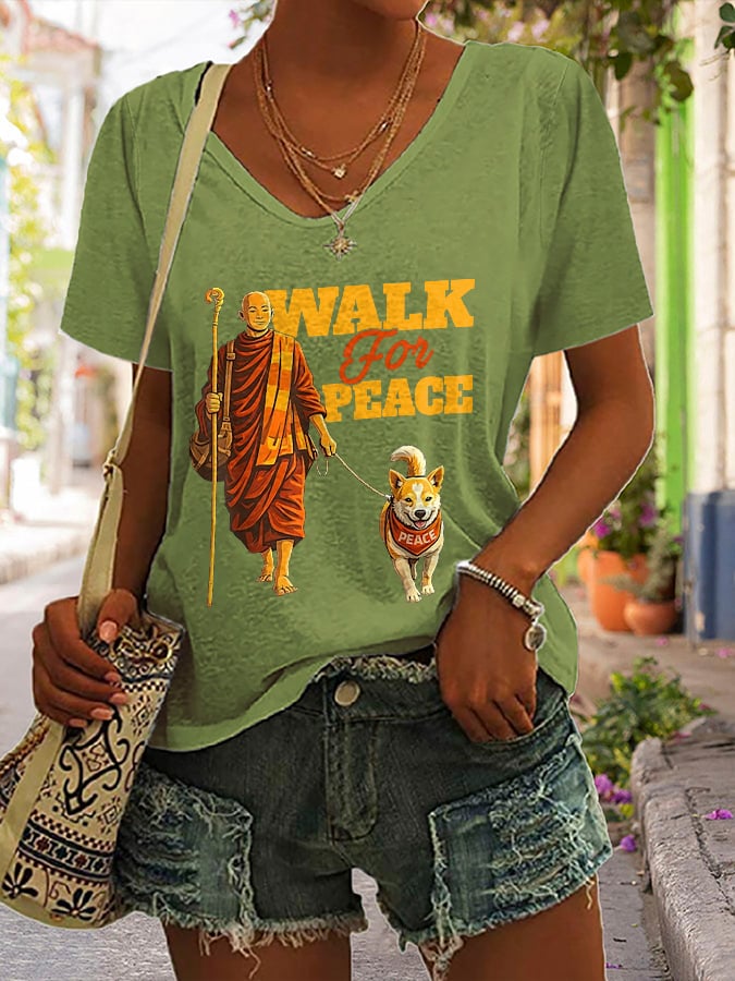 V-Neck Retro Walk For Peace Monks With Aloka Dog Print T-Shirt