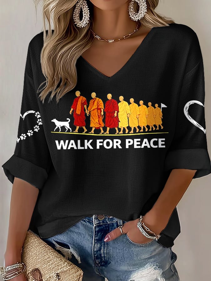 V-Neck Retro Walk For Peace Monks With Aloka Dog Print T-Shirt