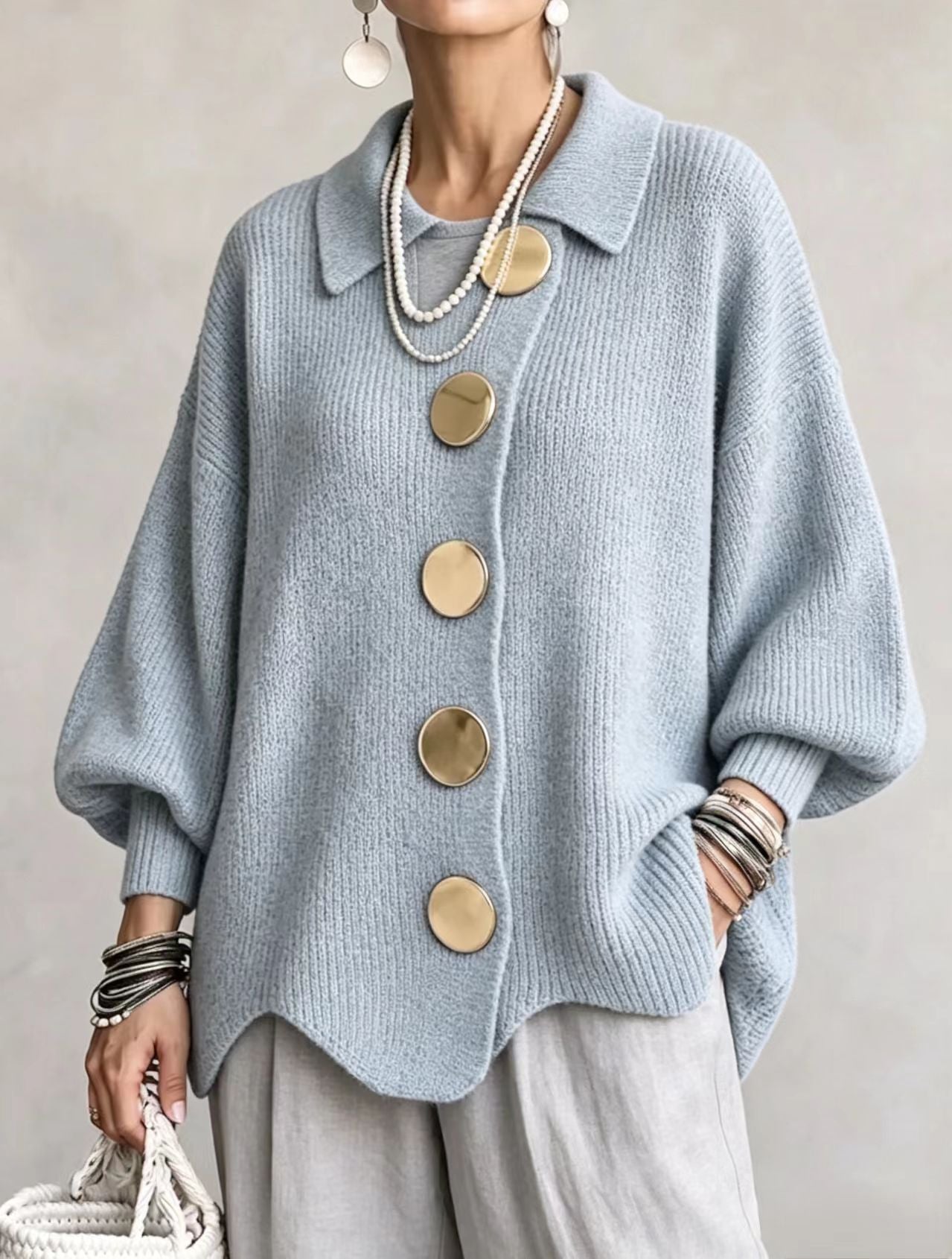 New Arrival🔥 Oversized Collared Knit Cardigan With Large Metal Buttons