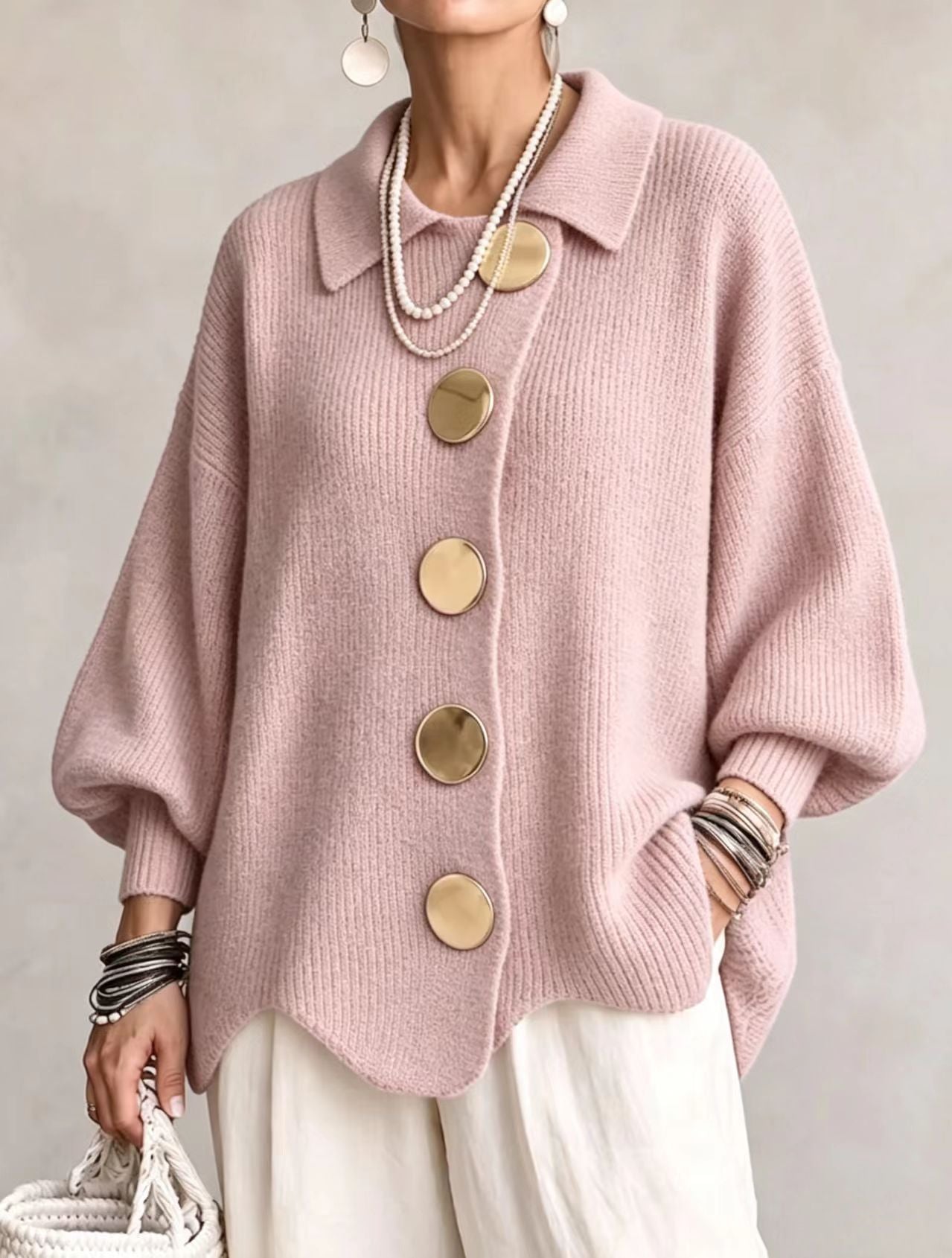 New Arrival🔥 Oversized Collared Knit Cardigan With Large Metal Buttons