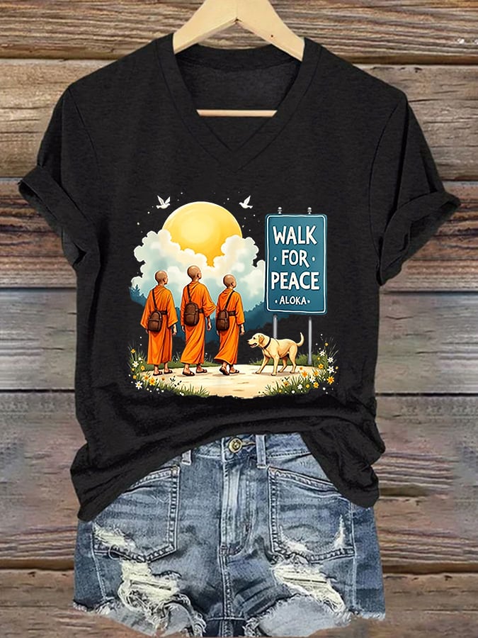 V-Neck Retro Walk For Peace Monks With Aloka Dog Print T-Shirt