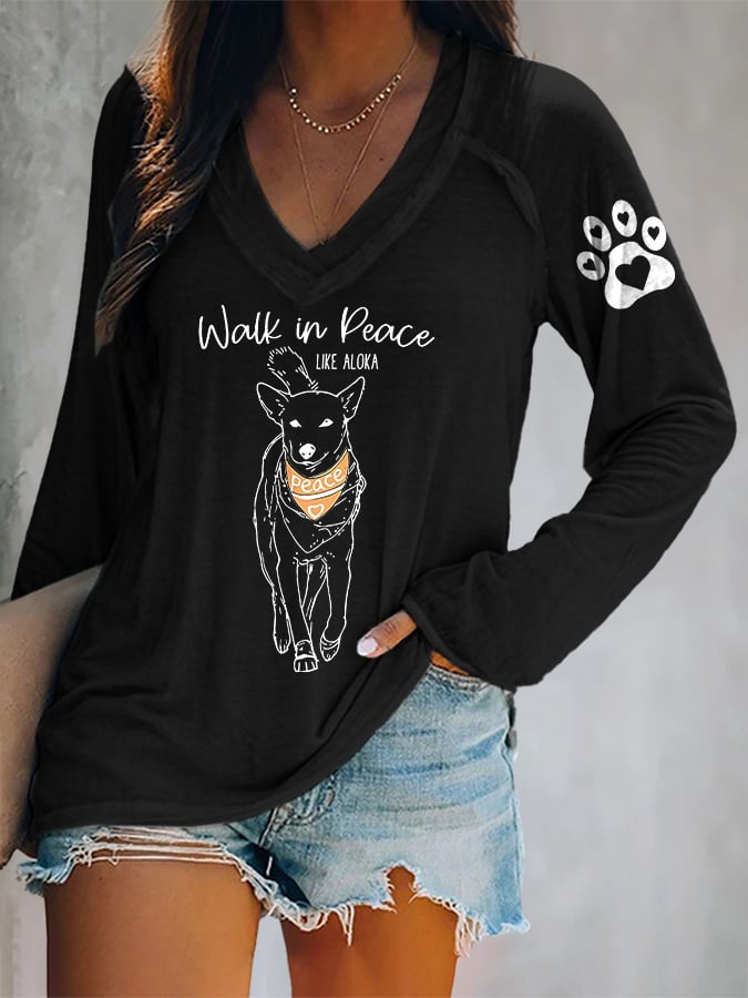 V-neck Retro Walk For Peace Monks With Aloka Dog Print T-Shirt