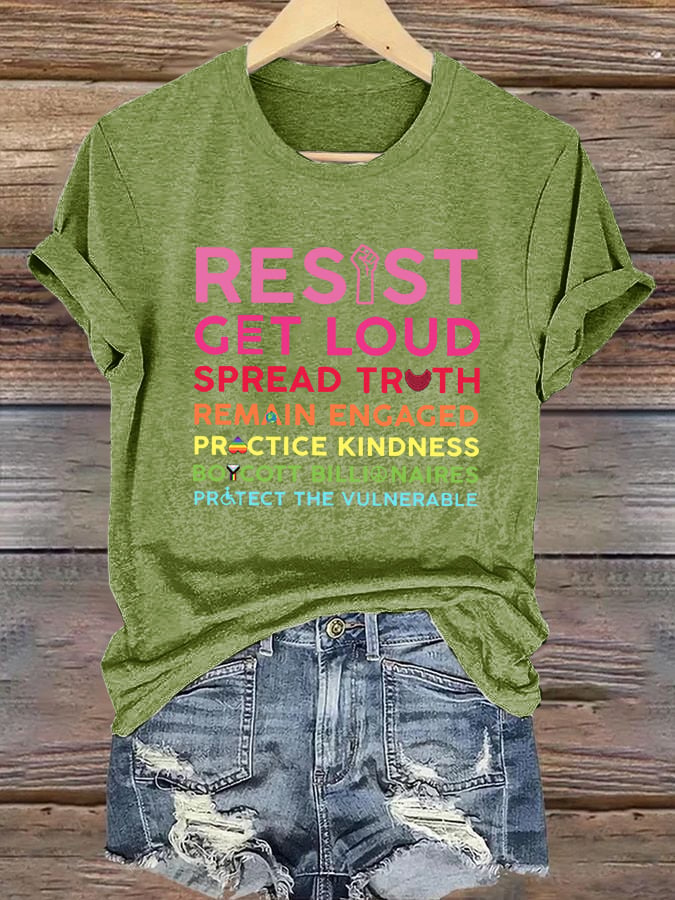 🔥Buy 3 Get 15% Off🔥Retro Resist Get Loud Spread Truth Remain Engaged Practice Kindness Boycott Billionaires Protect The Vulnerable Print T-Shirt