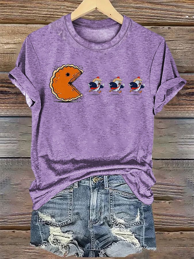 Women's Funny Turkey Chasing Pie Sublimation FDT Thanksgiving T-Shirt