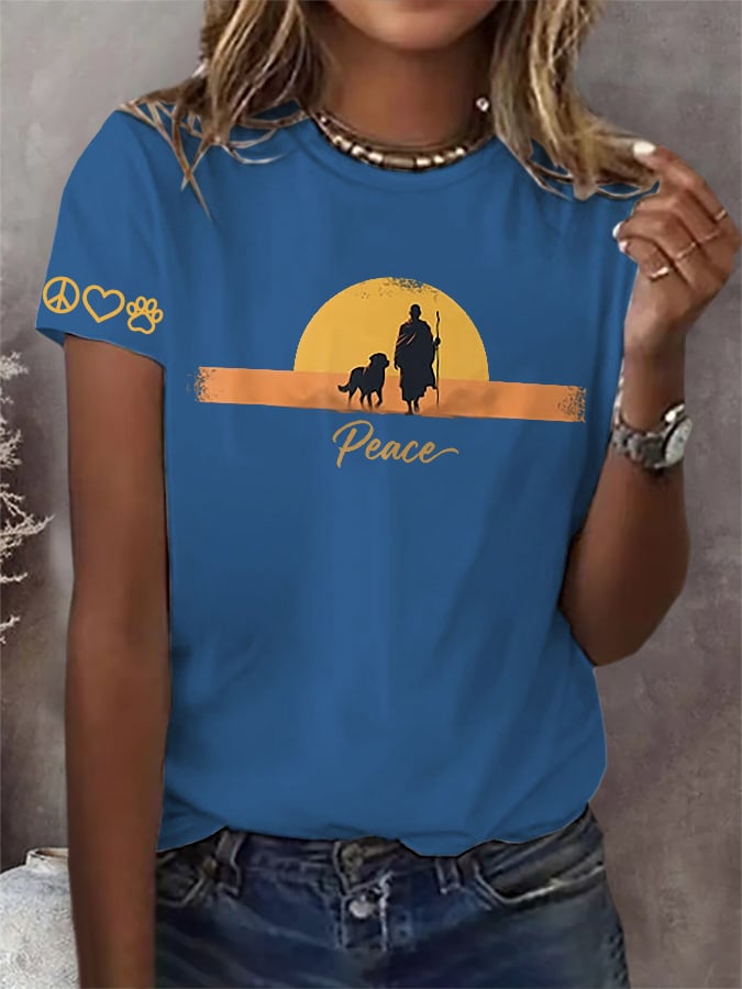 Retro Walk For Peace Monks With Aloka Dog Print T-Shirt