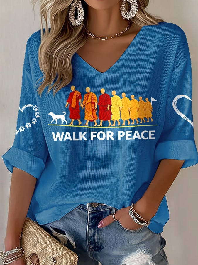 V-Neck Retro Walk For Peace Monks With Aloka Dog Print T-Shirt