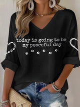 V-Neck Retro Peace Walking Monks With Aloka Dog Today Is Going To Be Our Peaceful Day Print T-Shirt