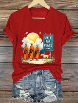 V-Neck Retro Walk For Peace Monks With Aloka Dog Print T-Shirt