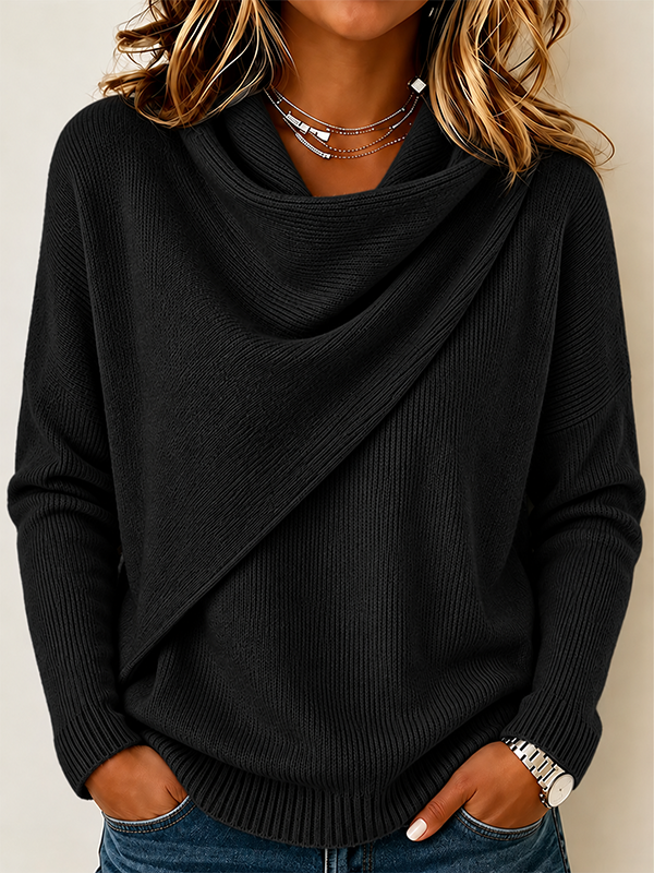CLEARANCE SALE🔥Women’s Asymmetrical Draped Cowl Neck Relaxed Fit Knit Sweater