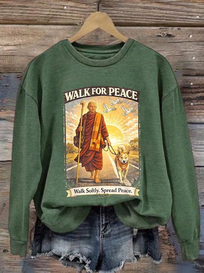 Retro Walk For Peace Monks With Aloka The Peace Dog Walk For Peace Walk Softly. Spread Peace Print Sweatshirt