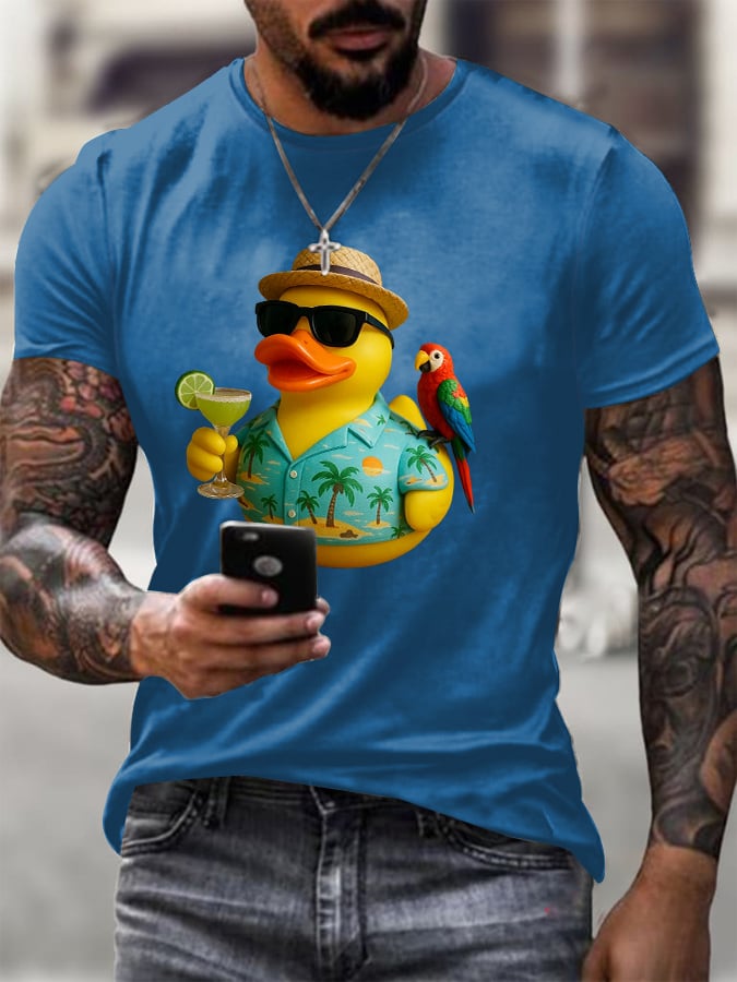 Men's Retro Vacation Parrot Margarita Memorial Duck Print T-Shirt