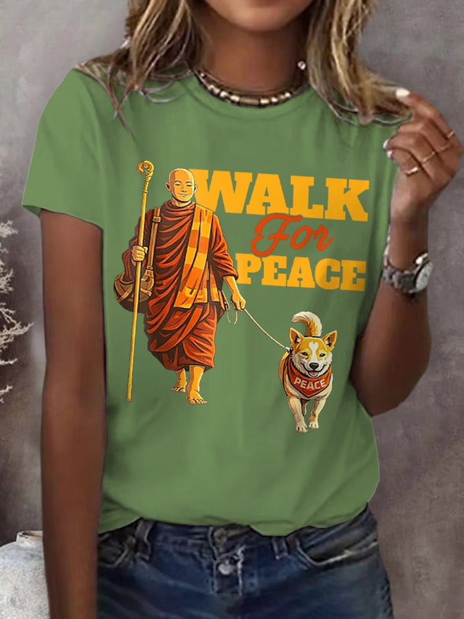 Retro Walk For Peace Monks With Aloka Dog Print T-Shirt