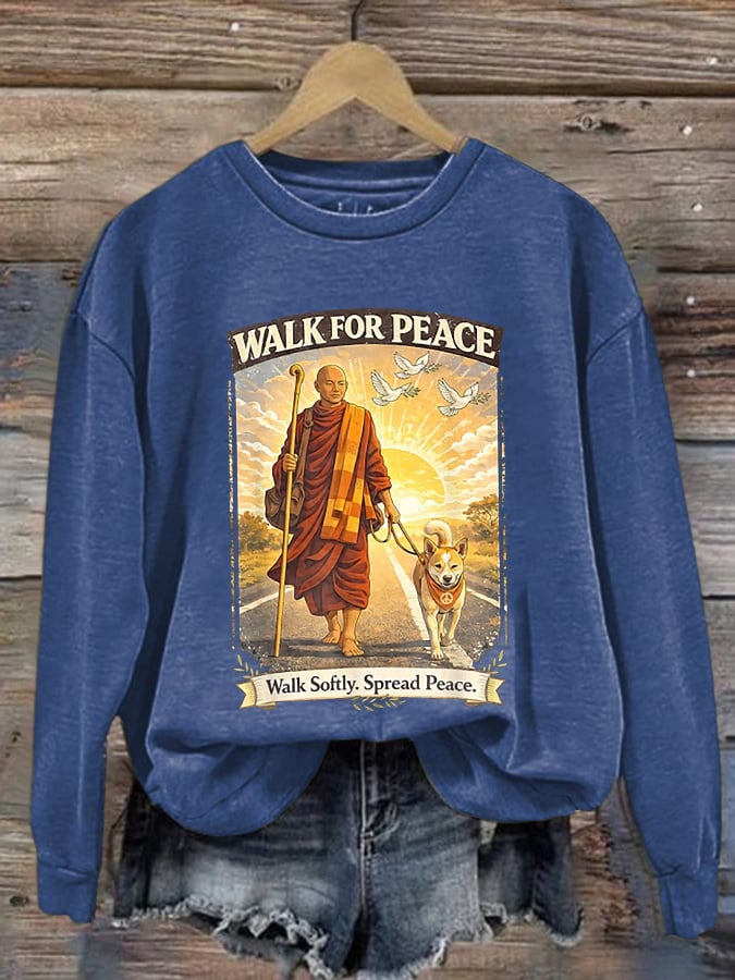 Retro Walk For Peace Monks With Aloka The Peace Dog Walk For Peace Walk Softly. Spread Peace Print Sweatshirt