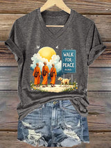 V-Neck Retro Walk For Peace Monks With Aloka Dog Print T-Shirt