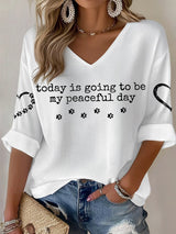 V-Neck Retro Peace Walking Monks With Aloka Dog Today Is Going To Be Our Peaceful Day Print T-Shirt