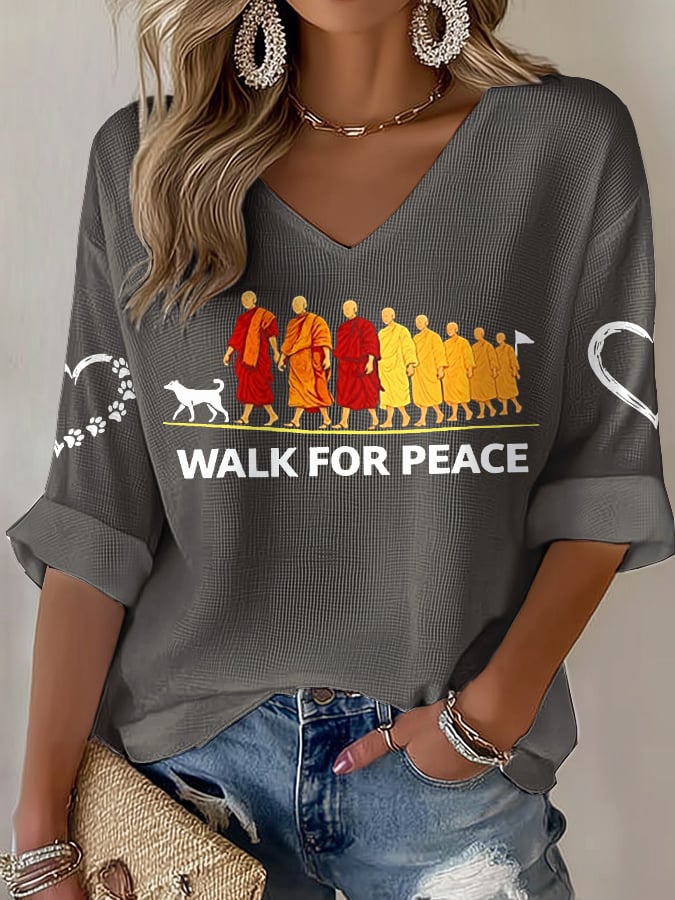 V-Neck Retro Walk For Peace Monks With Aloka Dog Print T-Shirt