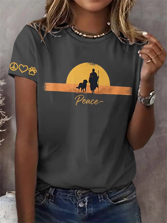 Retro Walk For Peace Monks With Aloka Dog Print T-Shirt