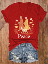 V-Neck Retro Walk For Peace Monks With Aloka Dog Print T-Shirt