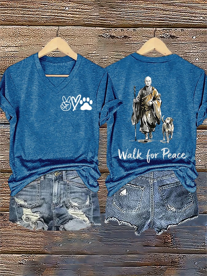 V-Neck Retro Walk For Peace Monks With Aloka Dog Print T-Shirt