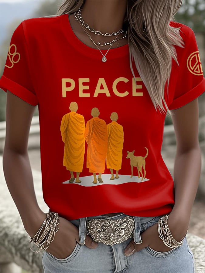 Retro Walk For Peace Monks With Aloka Dog Print T-Shirt