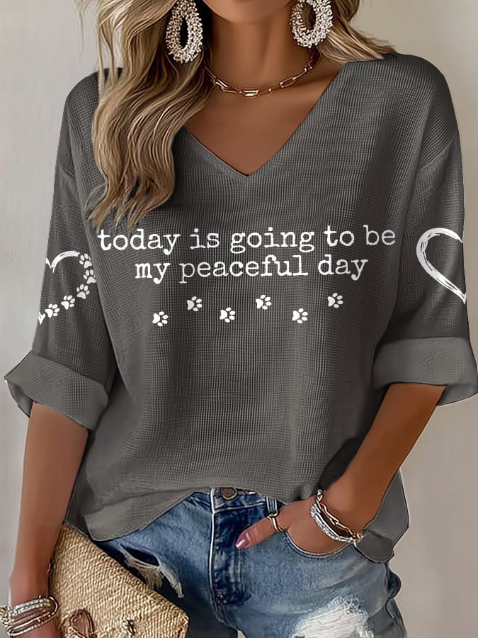 V-Neck Retro Peace Walking Monks With Aloka Dog Today Is Going To Be Our Peaceful Day Print T-Shirt