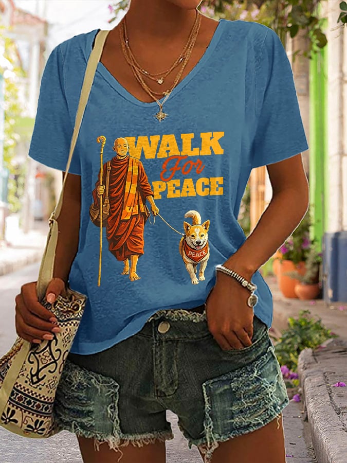 V-Neck Retro Walk For Peace Monks With Aloka Dog Print T-Shirt