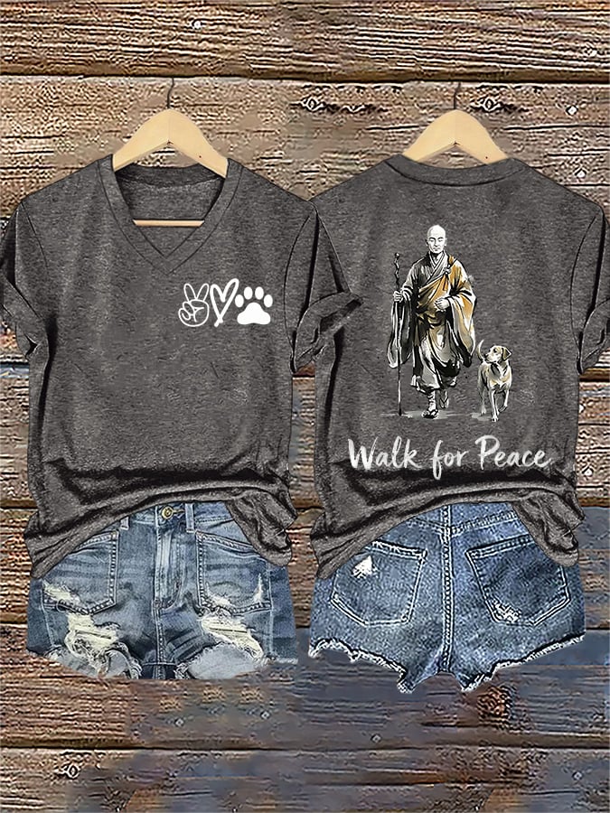 V-Neck Retro Walk For Peace Monks With Aloka Dog Print T-Shirt