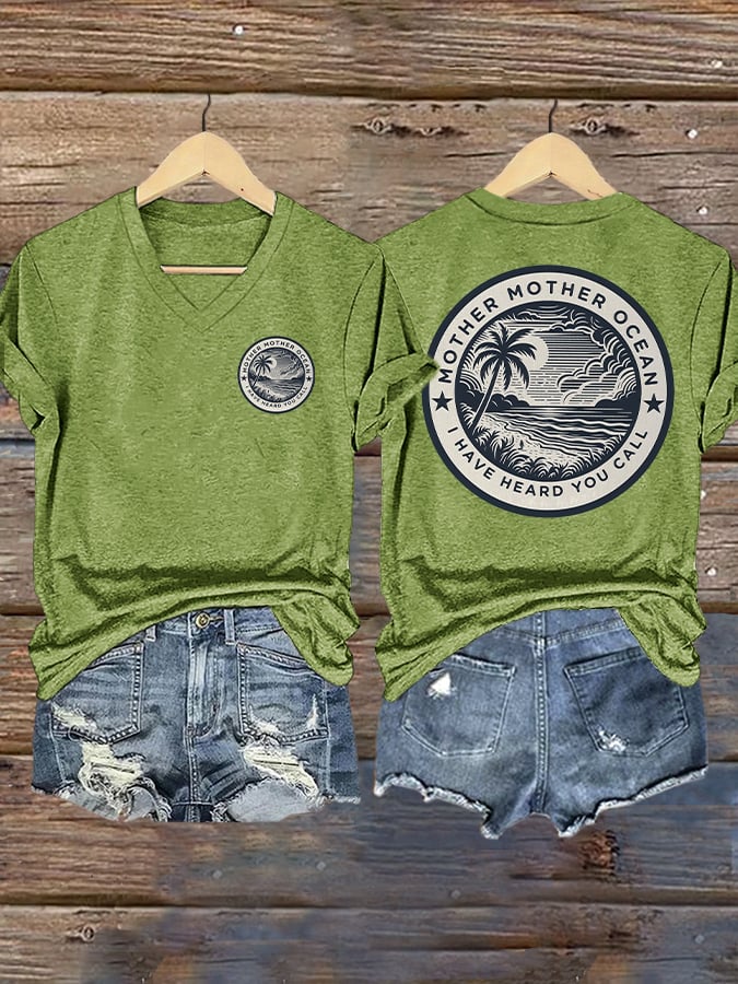 V Neck Retro Mother, Mother Ocean, I Have Heard You Call Print T-Shirt