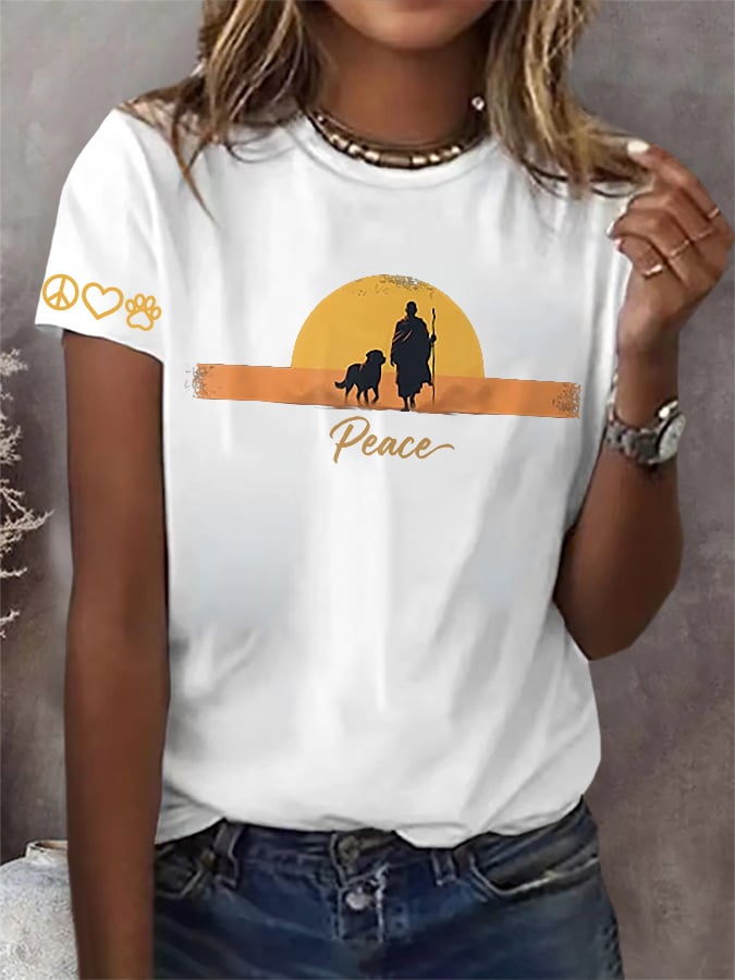 Retro Walk For Peace Monks With Aloka Dog Print T-Shirt