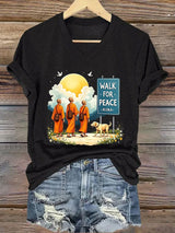 V-Neck Retro Walk For Peace Monks With Aloka Dog Print T-Shirt