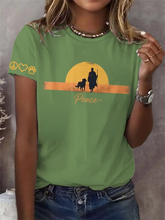 Retro Walk For Peace Monks With Aloka Dog Print T-Shirt
