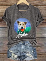 V-Neck Retro Walk For Peace Monks With Aloka Dog Print T-Shirt