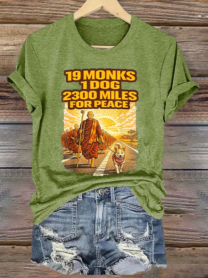 Retro Walk For Peace 19 Monks 1 Dog 2300 Miles For Peace Print T-Shirt