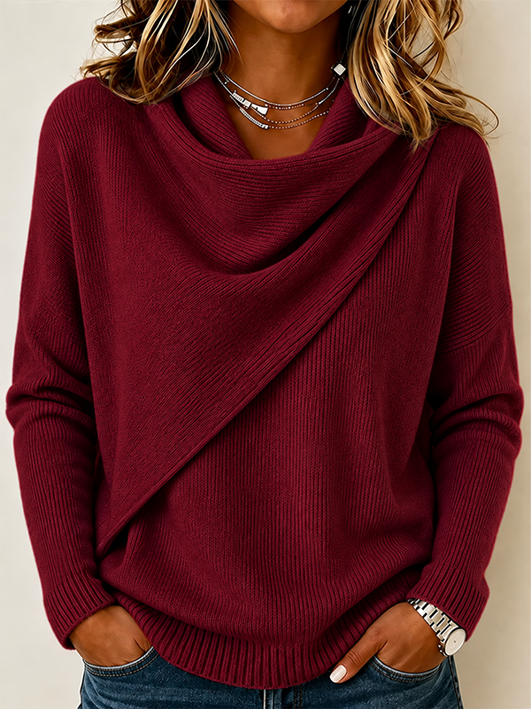 CLEARANCE SALE🔥Women’s Asymmetrical Draped Cowl Neck Relaxed Fit Knit Sweater
