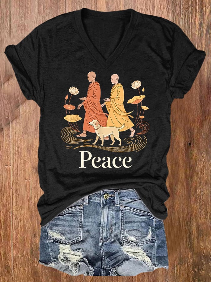 V-Neck Retro Walk For Peace Monks With Aloka Dog Print T-Shirt
