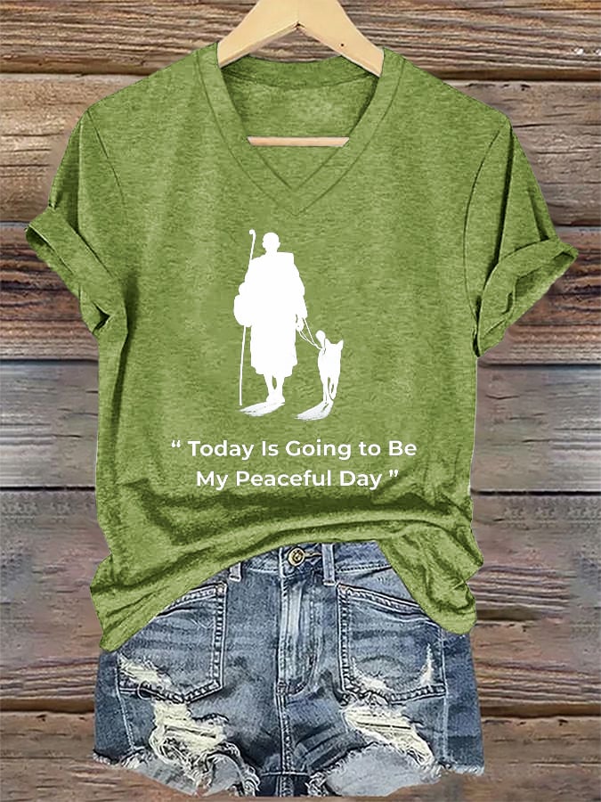 V-Neck Retro Peace Walking Monks With Aloka Dog Today Is Going To Be Our Peaceful Day Print T-Shirt