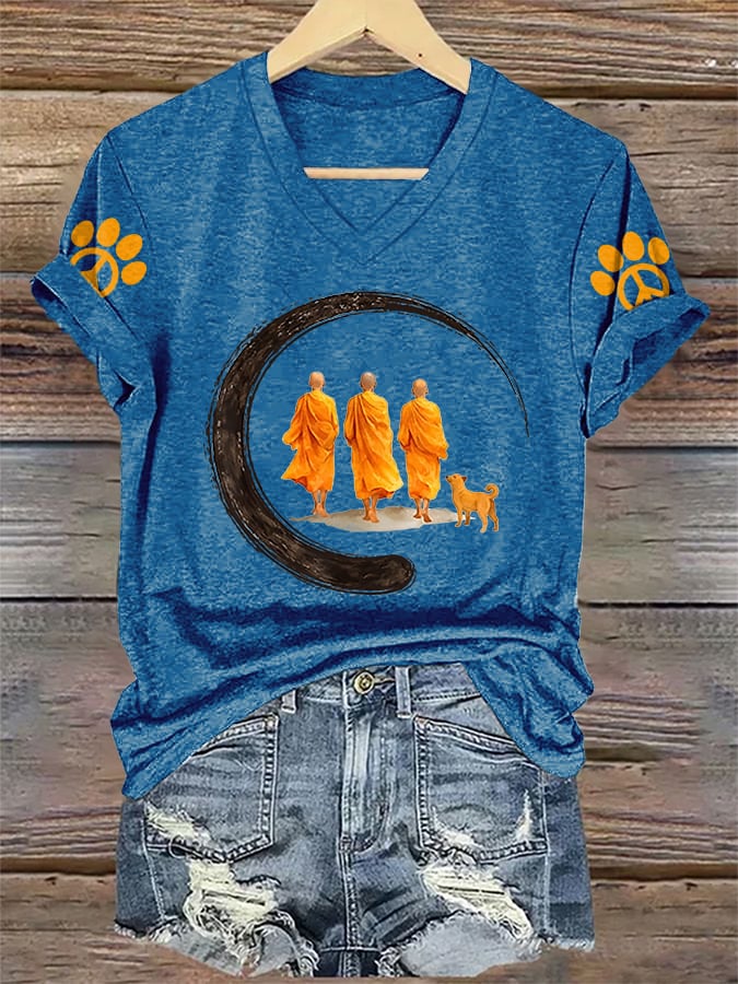 V-Neck Retro Walk In Peace Like Aloka Dog Print T-Shirt
