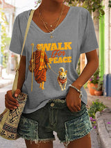 V-Neck Retro Walk For Peace Monks With Aloka Dog Print T-Shirt