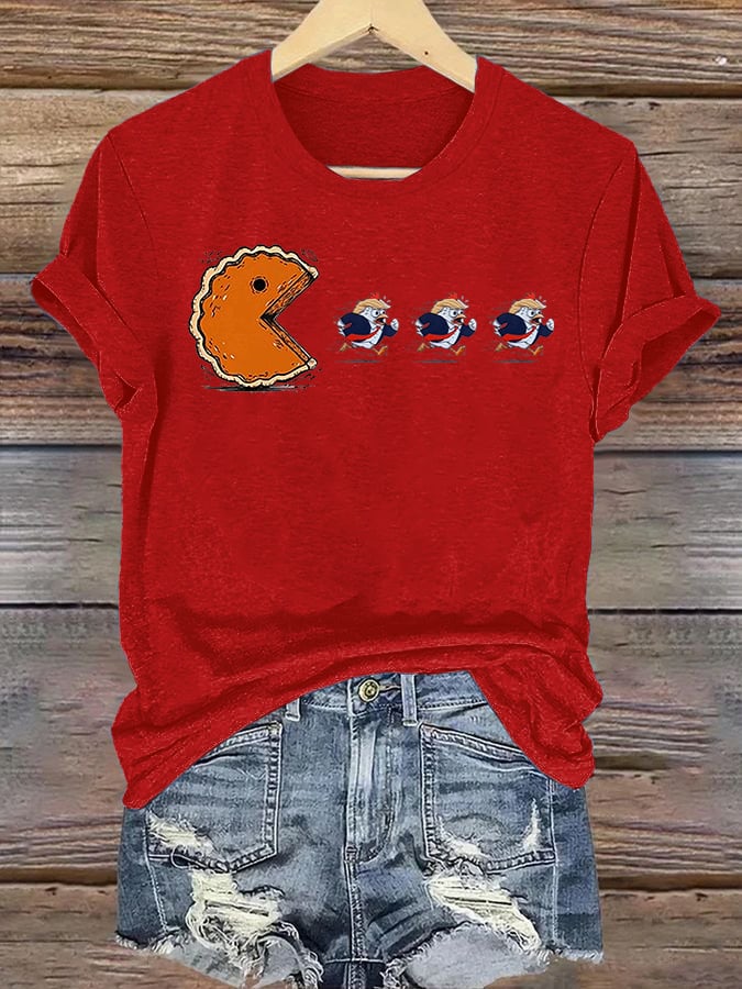 Women's  Funny Turkey Chasing Pie Sublimation FDT Thanksgiving  T-Shirt